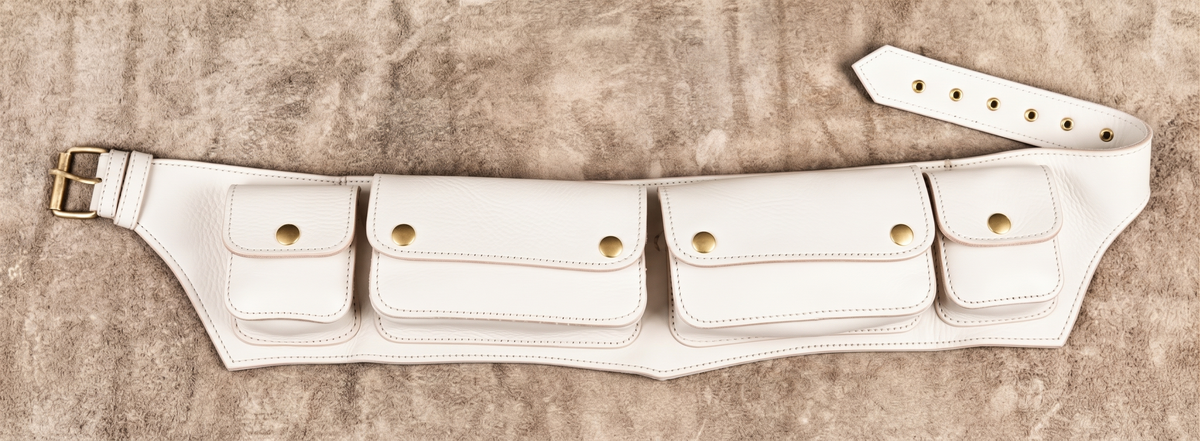 Black leather belt with detachable-look cargo storage compartments