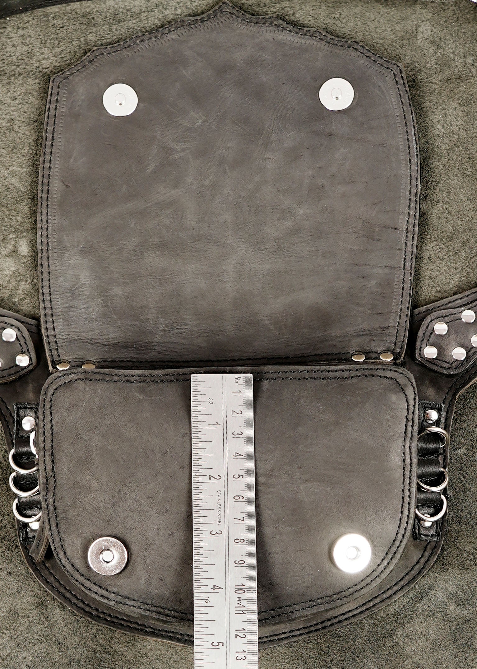 Leather pack with sacred geometry pattern, top view