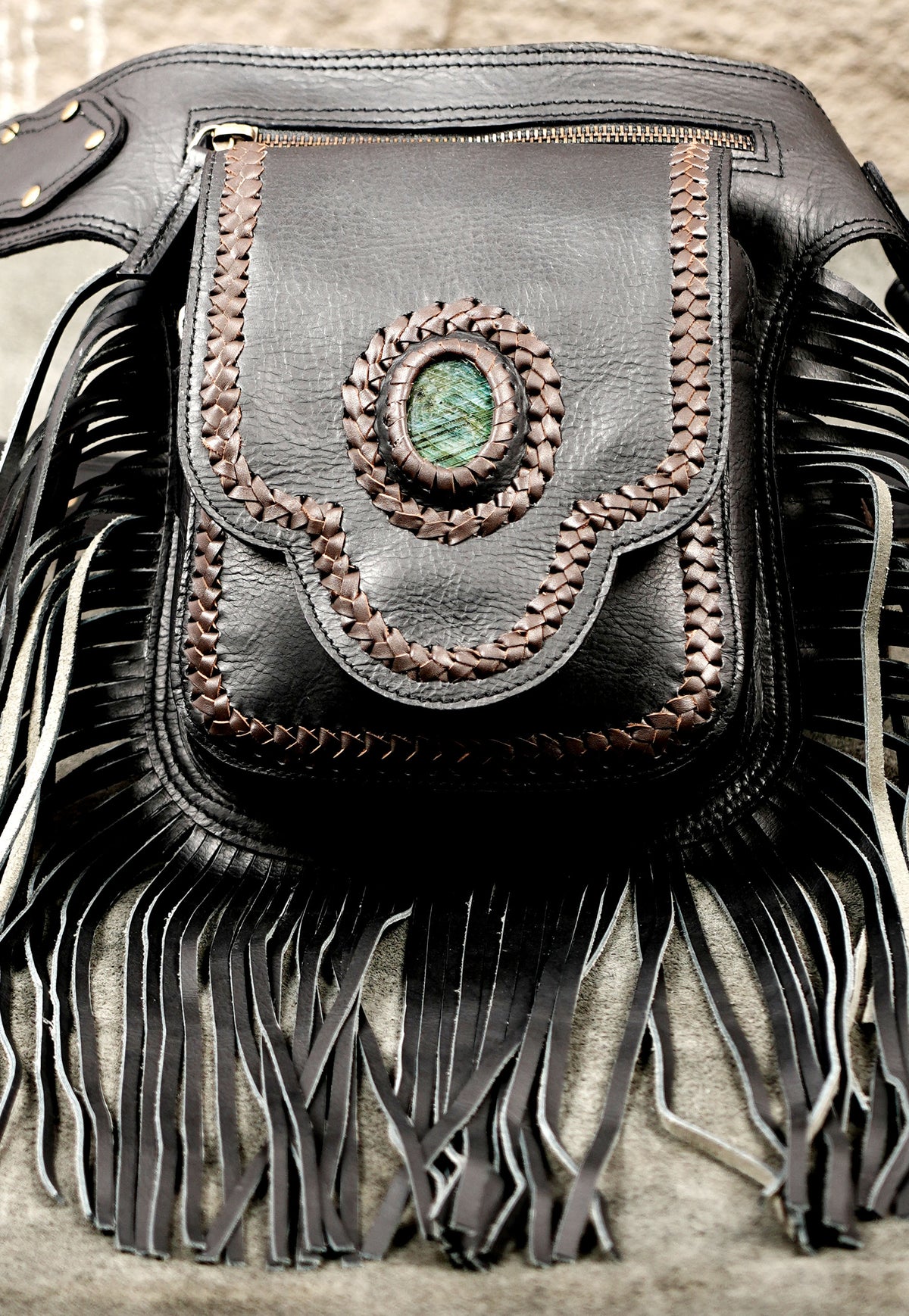 Handmade Black Leather Fringe Belt Bag Boho Festival Hip Pouch Adjustable Waist