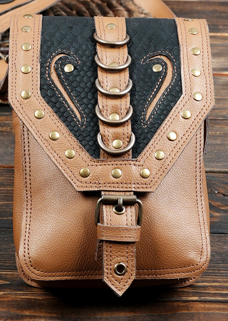 Tan leather chest bag harness for Burning Man and boho festival outfits