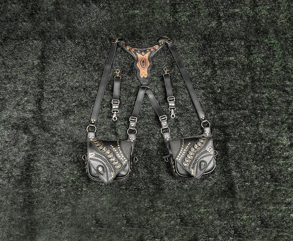 Black Leather Shoulder Holster Bag with Studded Dual Pouches