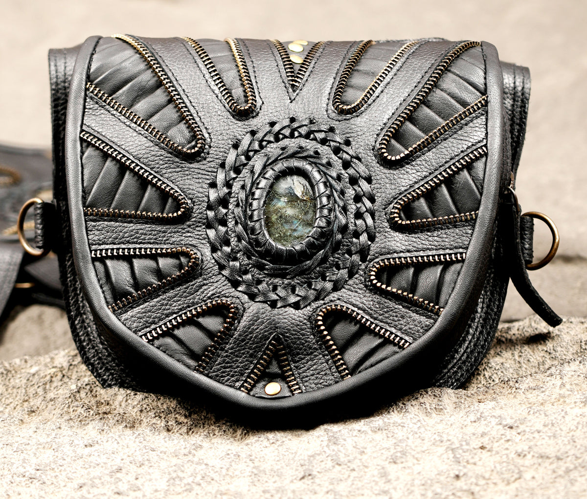 Handmade black leather festival harness bag with two utility pouches