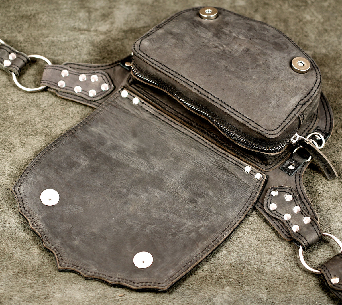 Meditation style leather bag with tooled lattice design