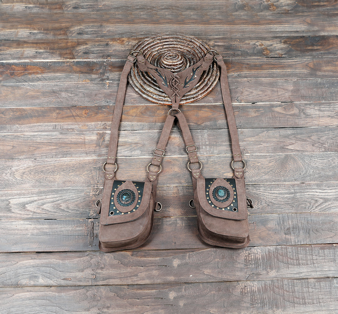 Handmade leather double shoulder holster bag with gemstone details