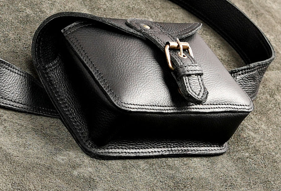 Handcrafted black leather hip pouch with double stitched leather strap