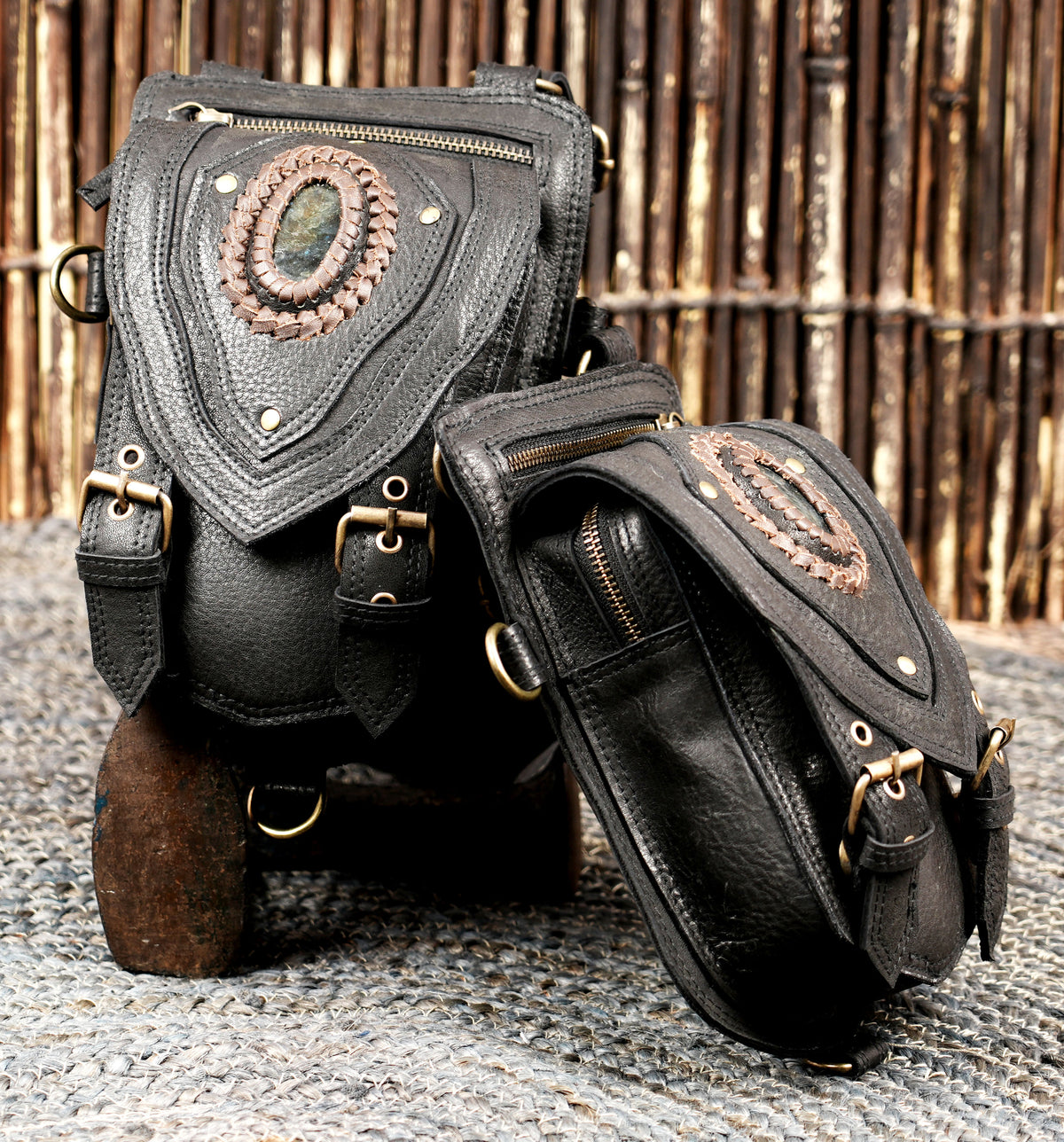 Black Leather Steampunk Shoulder Holster Bag with Decorative Stone Accents