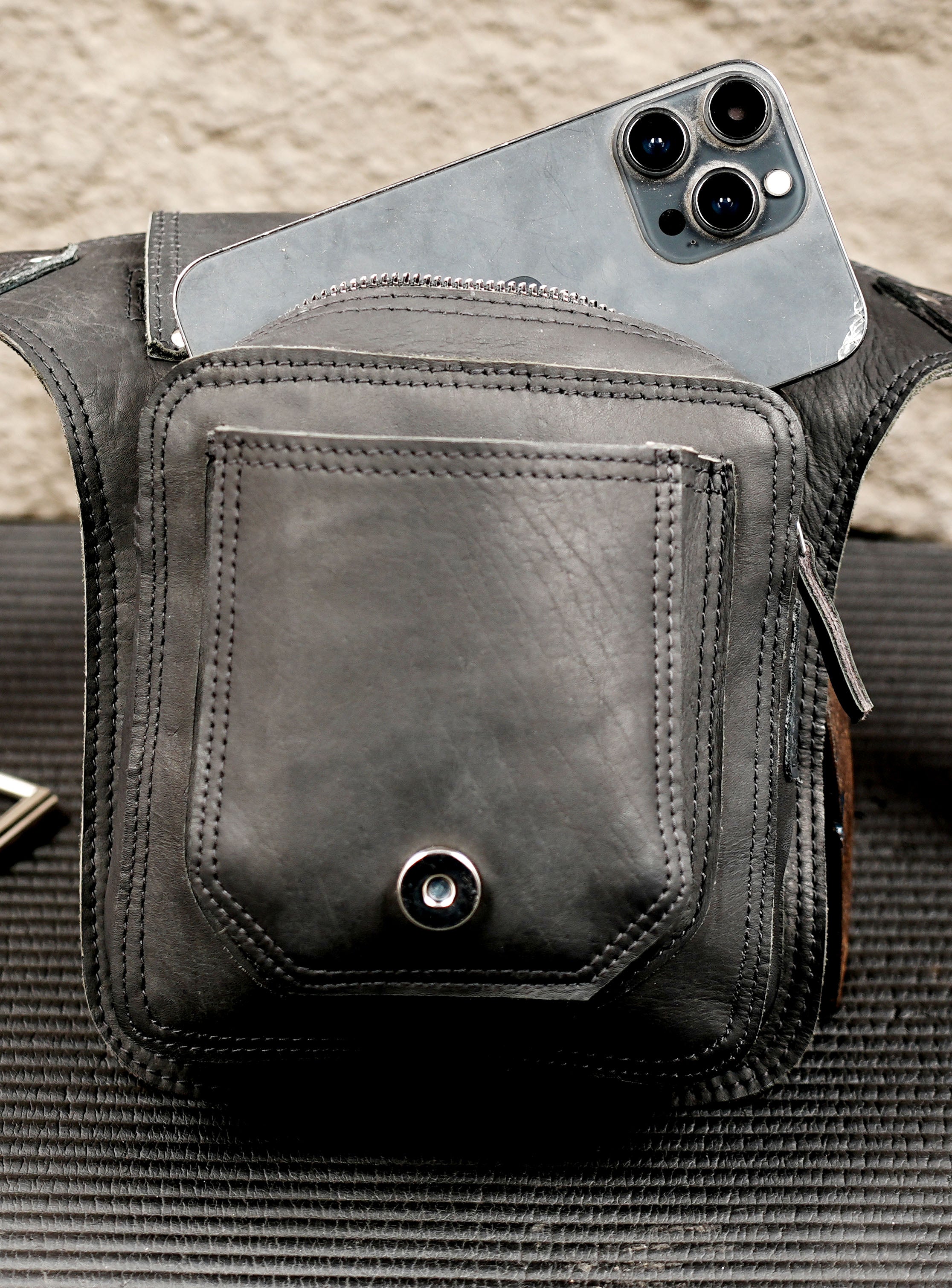 Multi-pocket leather hip pouch for festivals and everyday wear