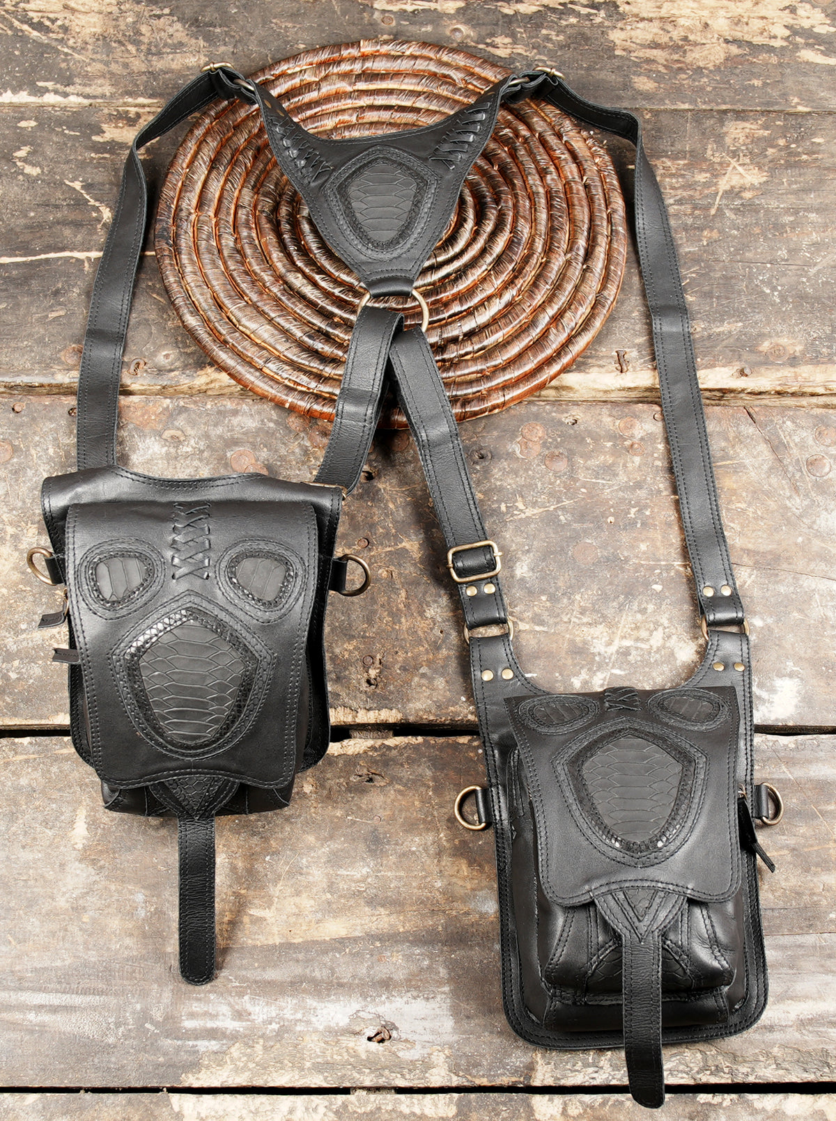 Leather festival harness with adjustable buckles and antique brass metal fittings