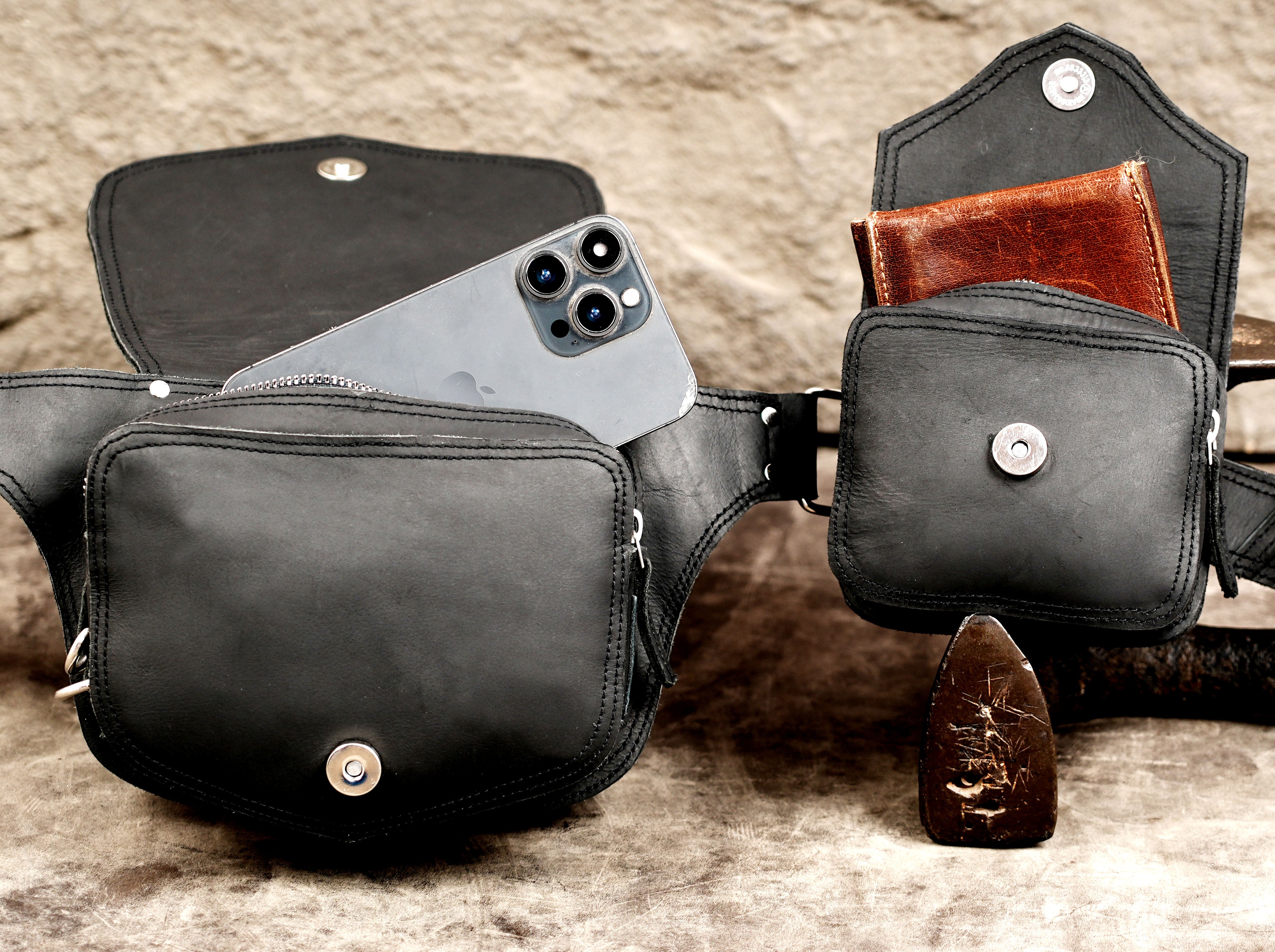 Nickel hardware leather bag set, front and side view