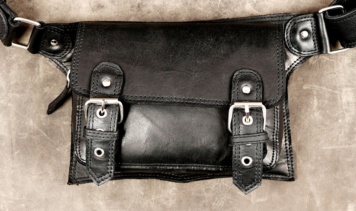 Nickel silver hardware leather waist bag, flat lay view