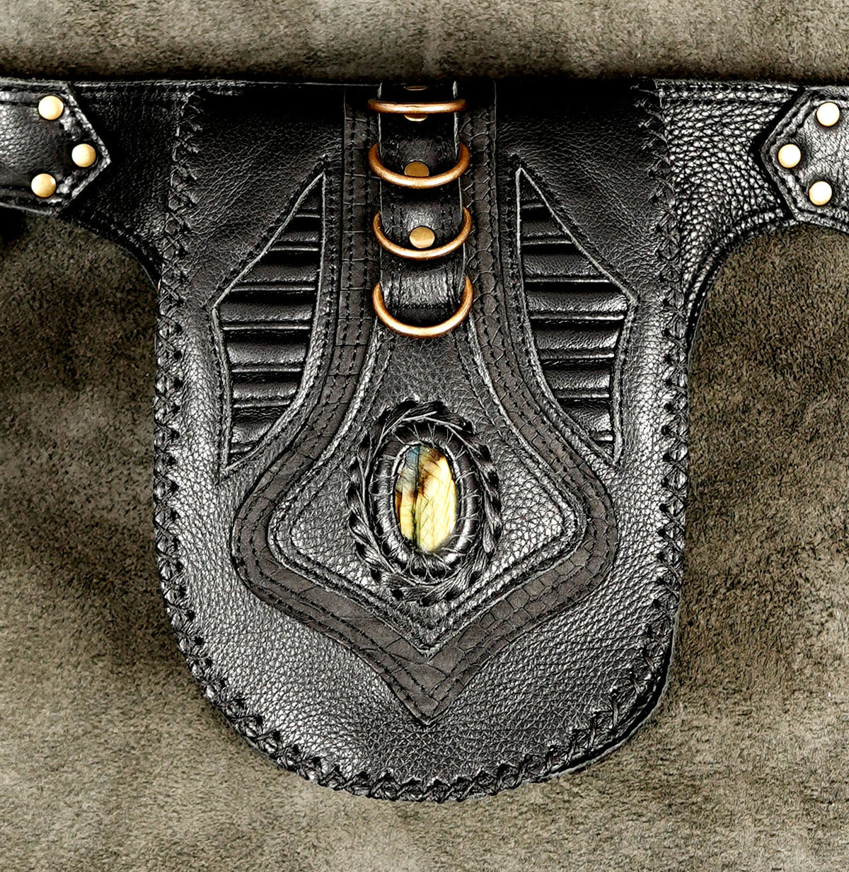 Handcrafted black leather travel waist bag with secure flap closures