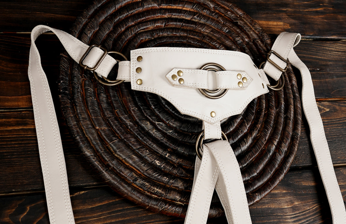 Boho white leather double pouch harness for women and men