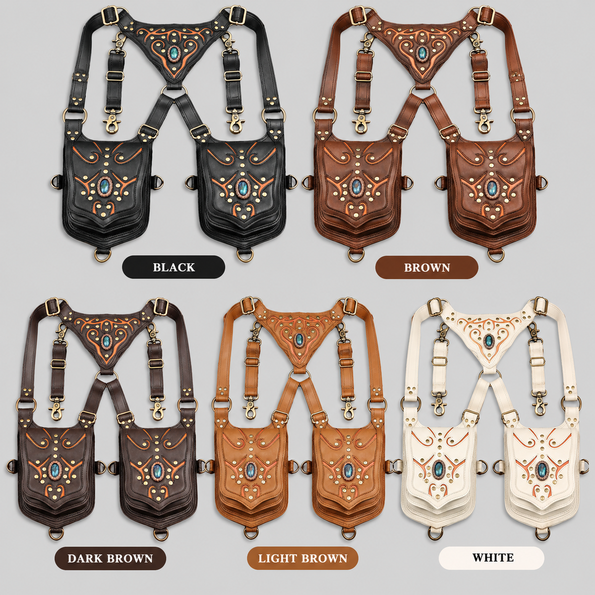 Steampunk festival accessory with twin black leather pouches and adjustable straps