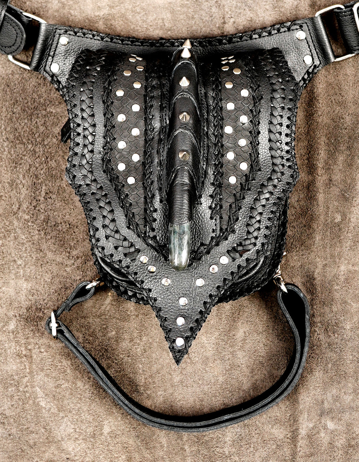 Post-punk leather leg pouch, front symmetrical view