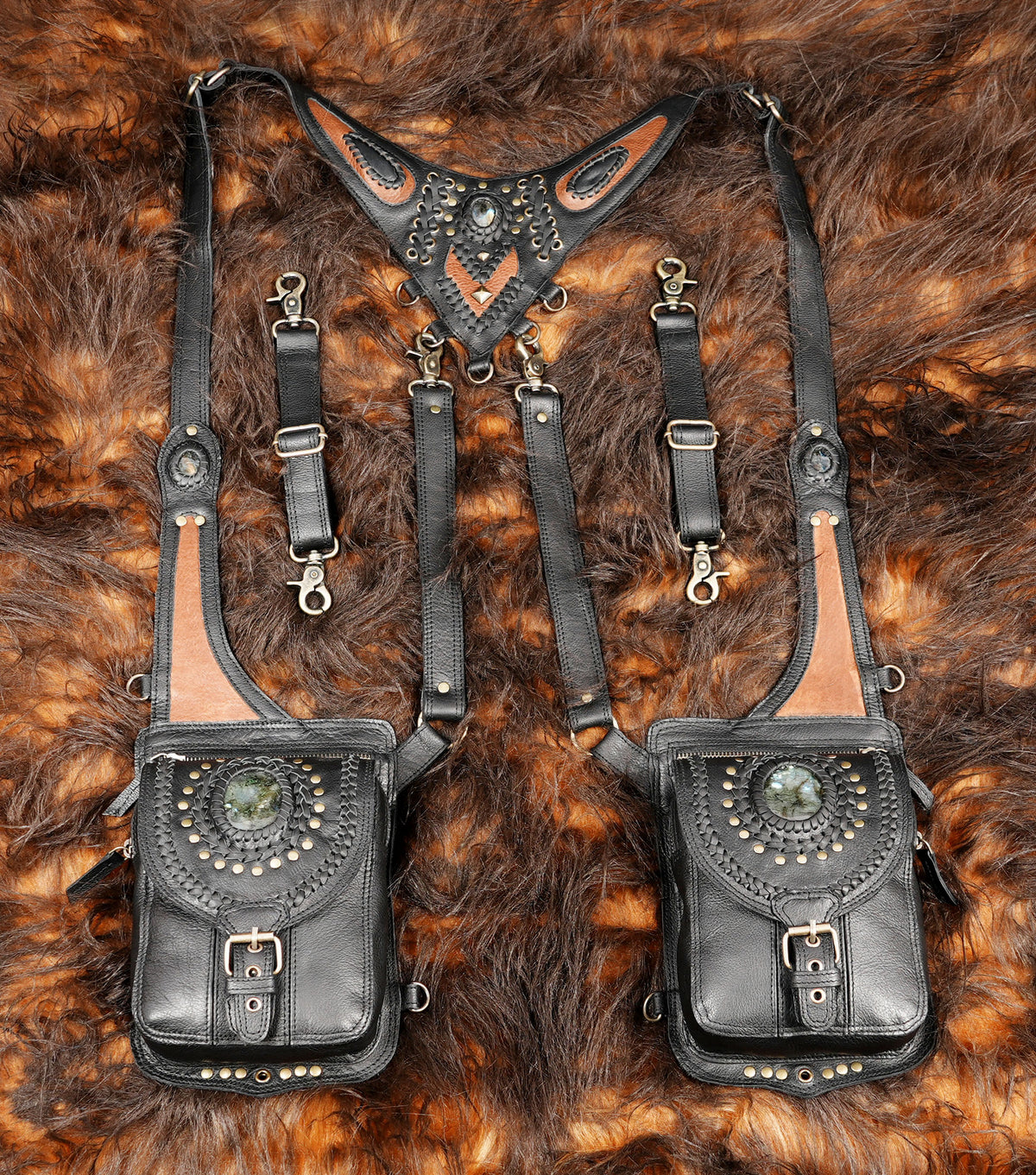 Black Leather Dual Holster Harness Bag Unisex Festival Chest Rig