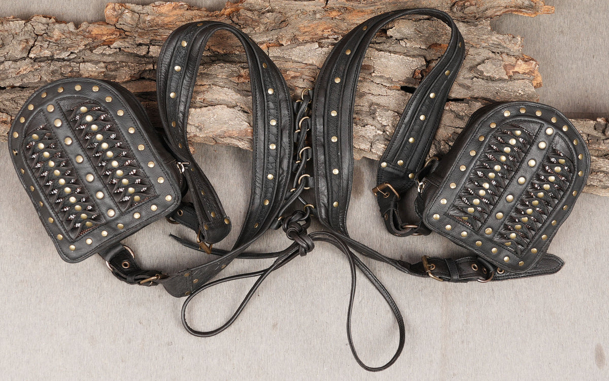 Steampunk leather thigh holster set with black straps and brass stud accents