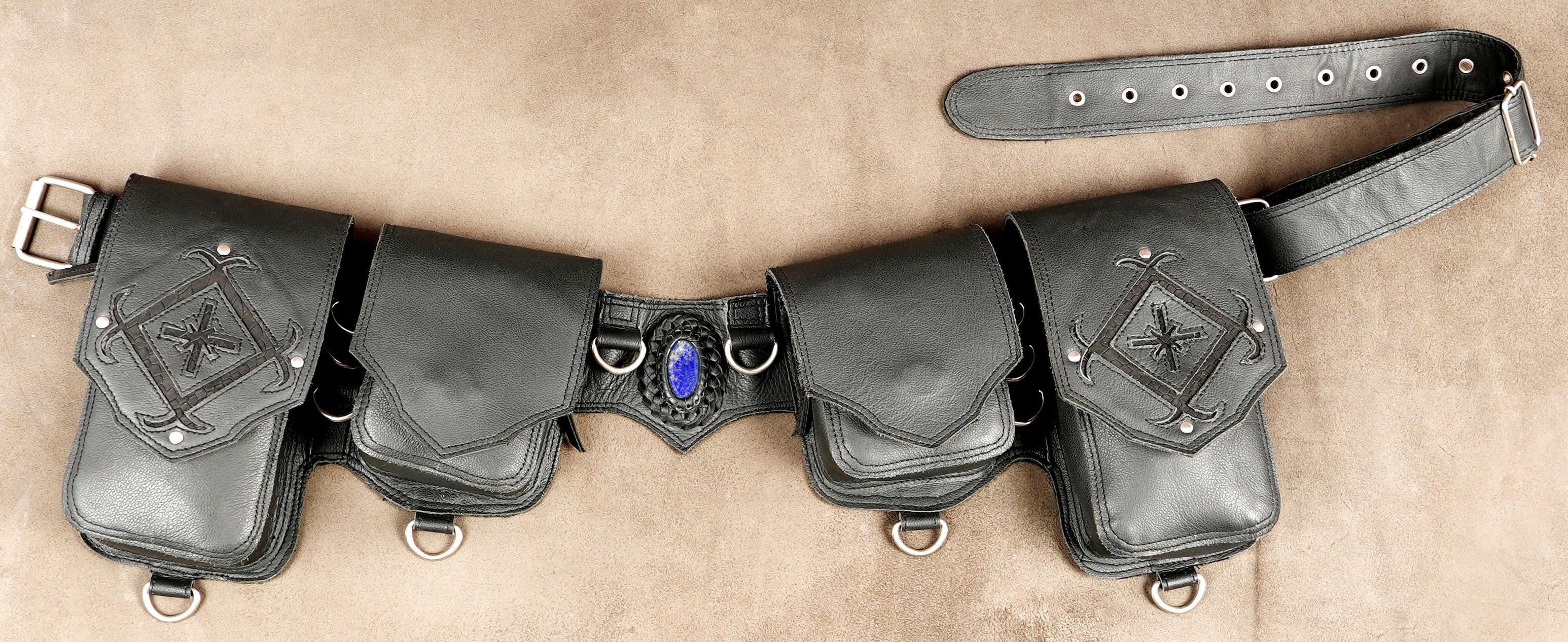 Ranger class leather belt with tooled compass pouches