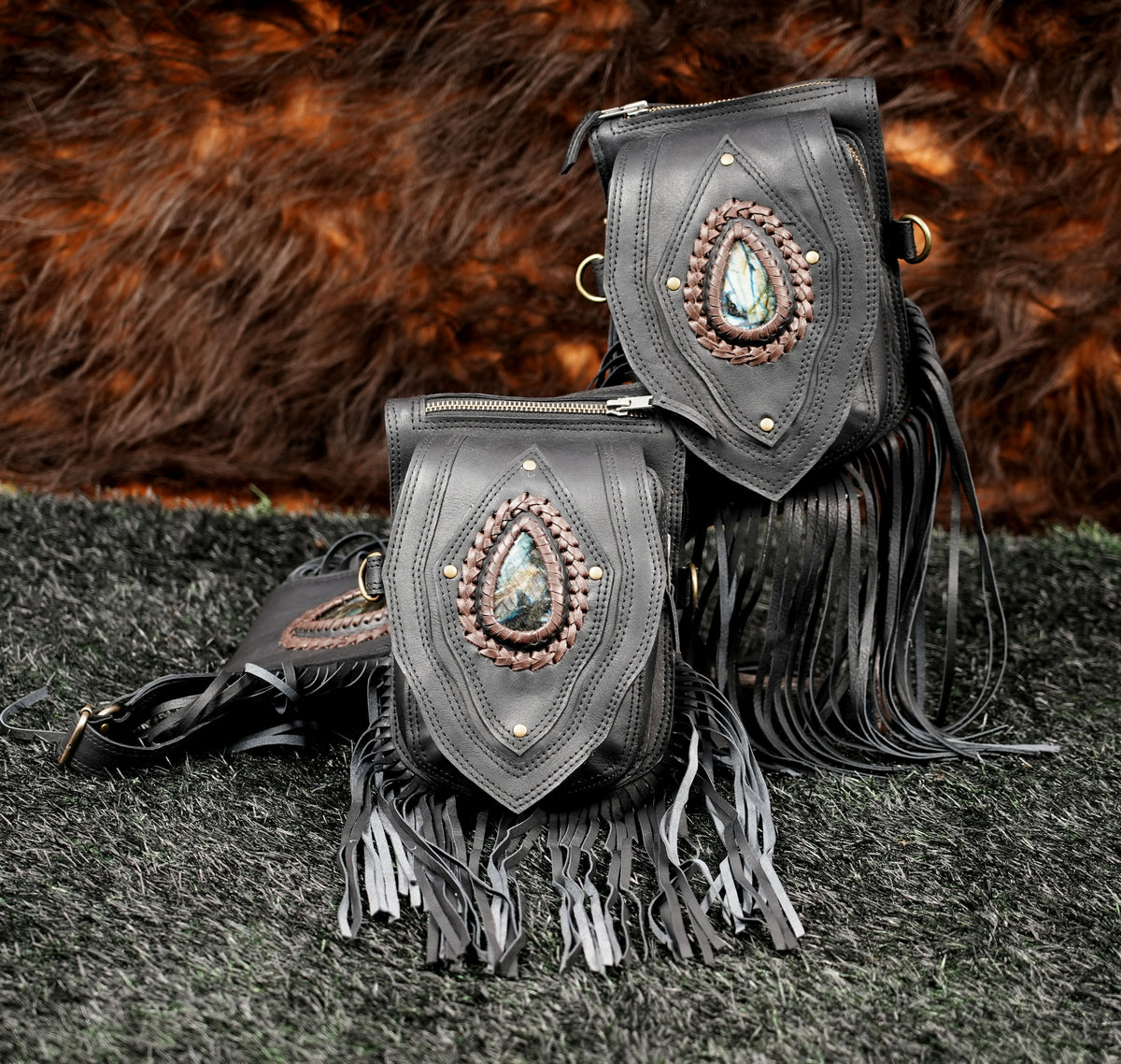 Black Leather Holster Vest Fringe Harness Bag Dual Utility Pouches Festival Body Suspender Natural Labradorite Stones