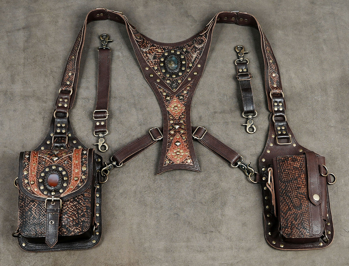 Brown leather shoulder holster bag set with decorative studs and gemstone centerpiece for festivals.