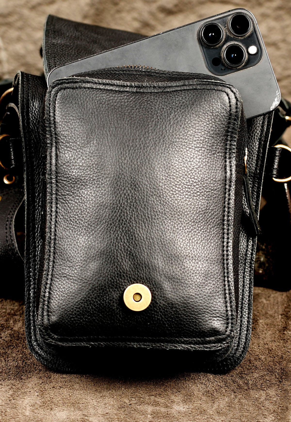 Black leather double holster harness for festivals and alternative fashion