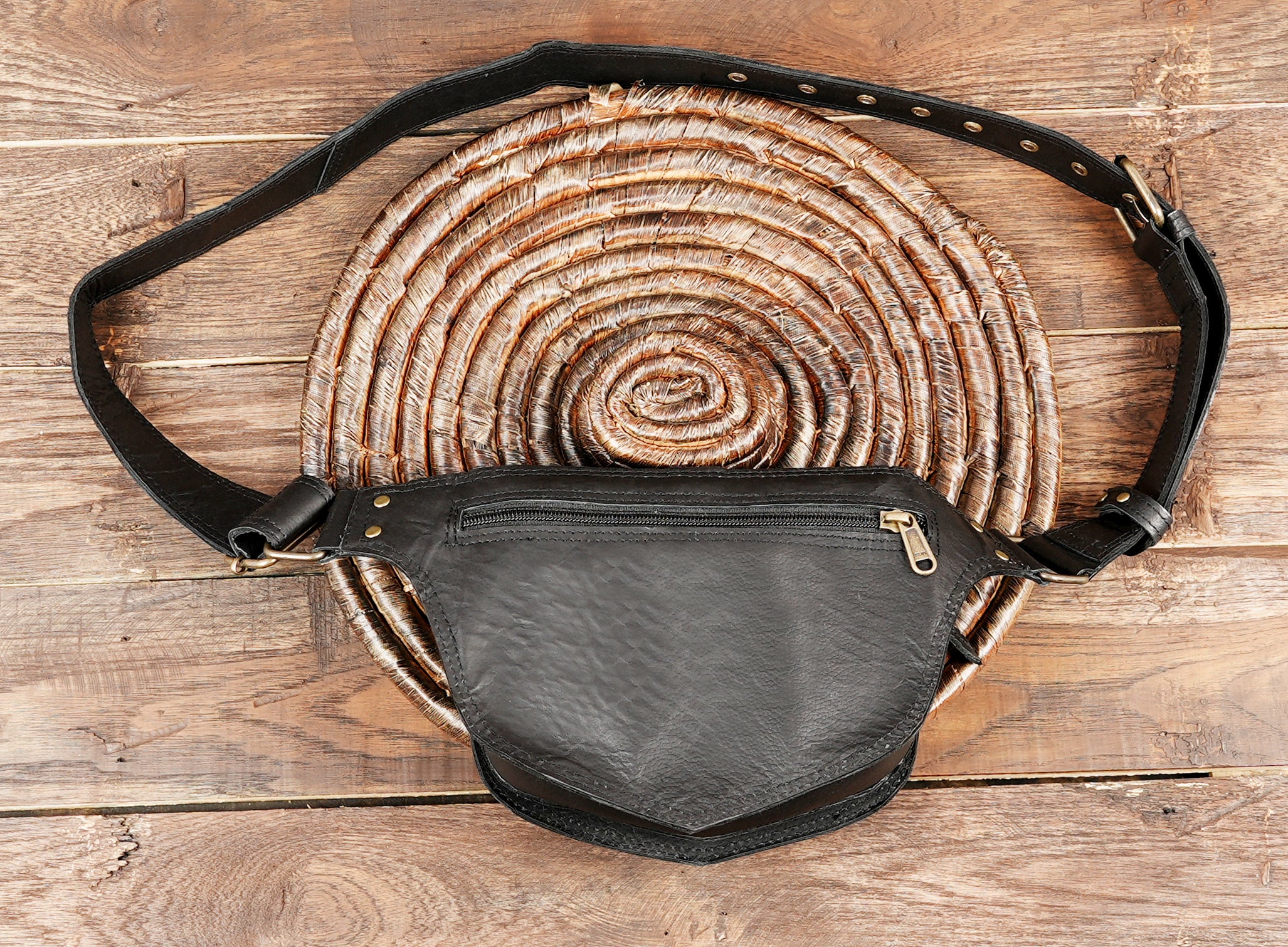 Rocker style black leather bum bag with adjustable strap