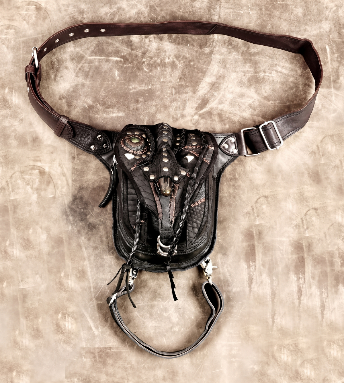 Leather drop leg holster bag for phone, keys, and wallet