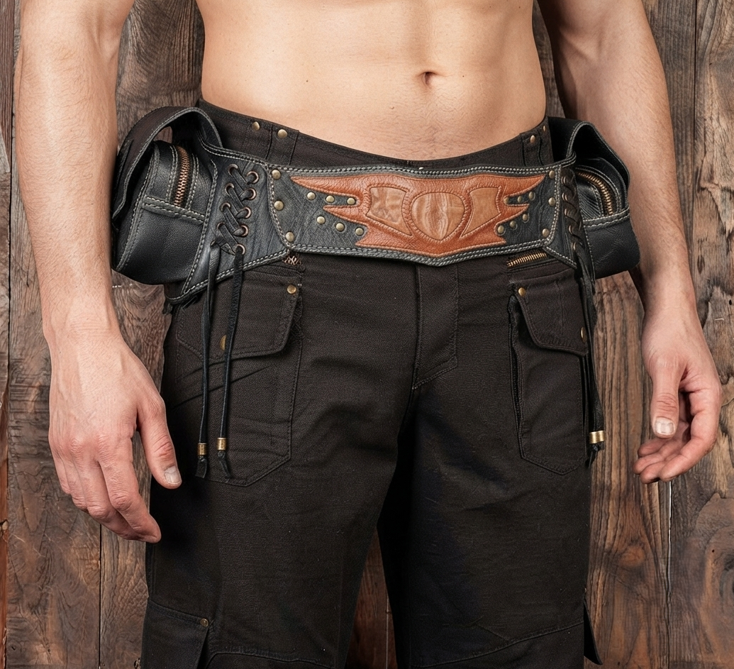 Steampunk-style leather belt bag with decorative front flaps