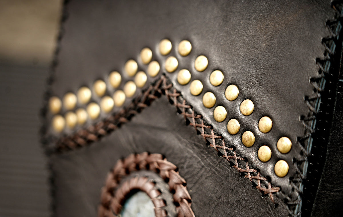 Handmade leather waist belt with studded front panel