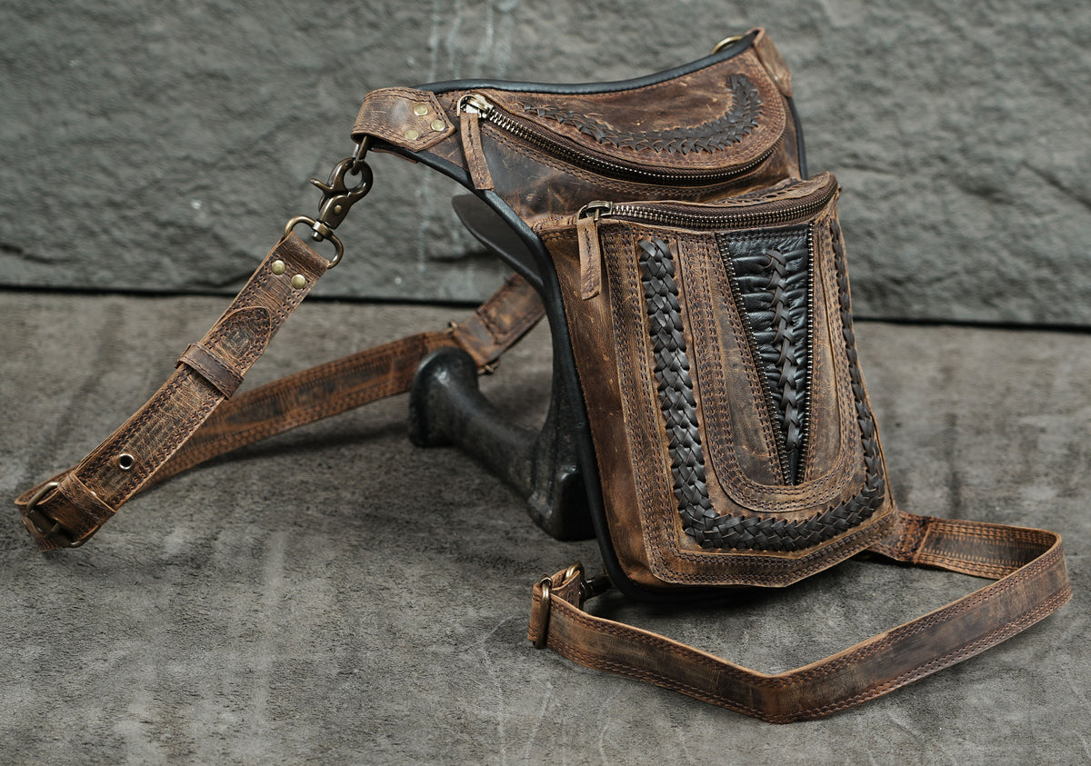 Steampunk style leather utility bag for festivals