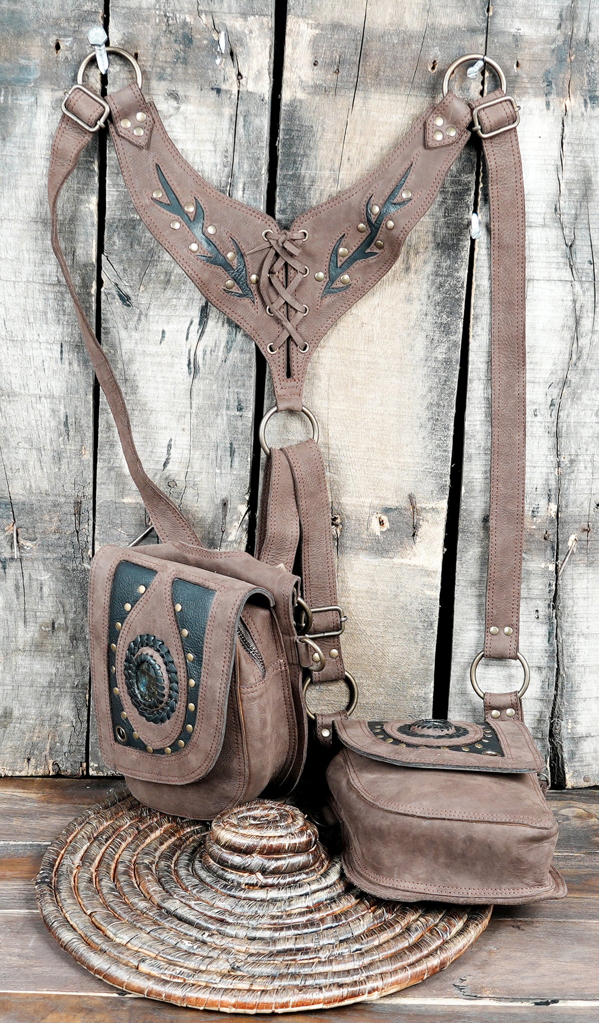 Artisan leather dual pocket chest bag with gemstone design