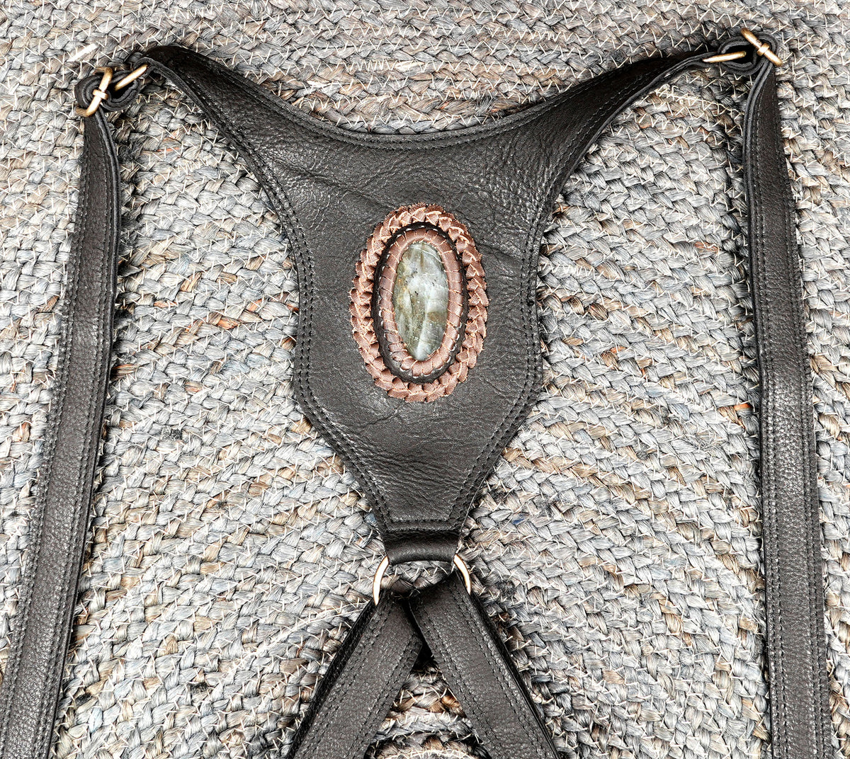 Unisex Leather Festival Body Harness with Twin Pouches and Decorative Gemstones