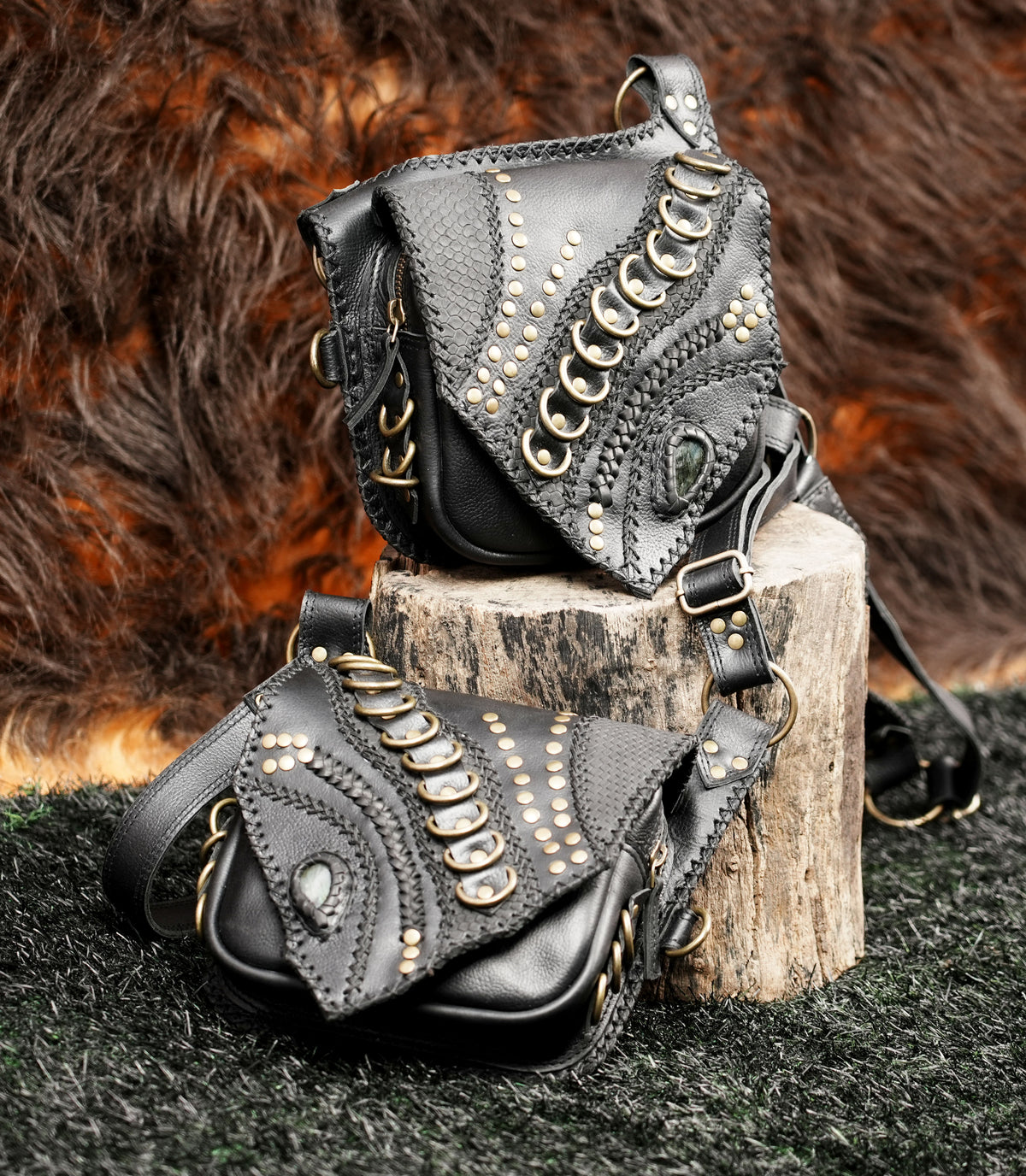 Black Leather Shoulder Holster Bag with Studded Dual Pouches