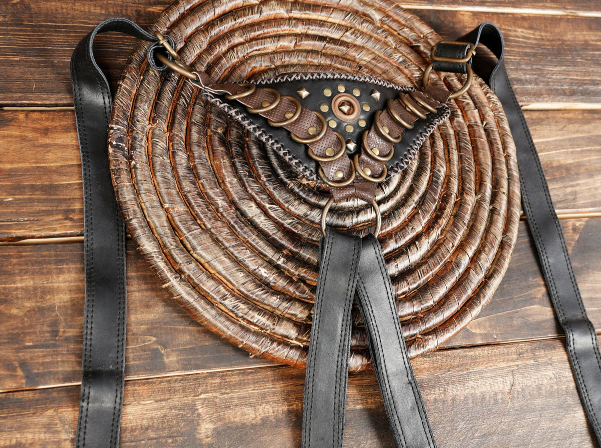Unisex Black Double Pouch Harness Bag with Antique Brass Studs
