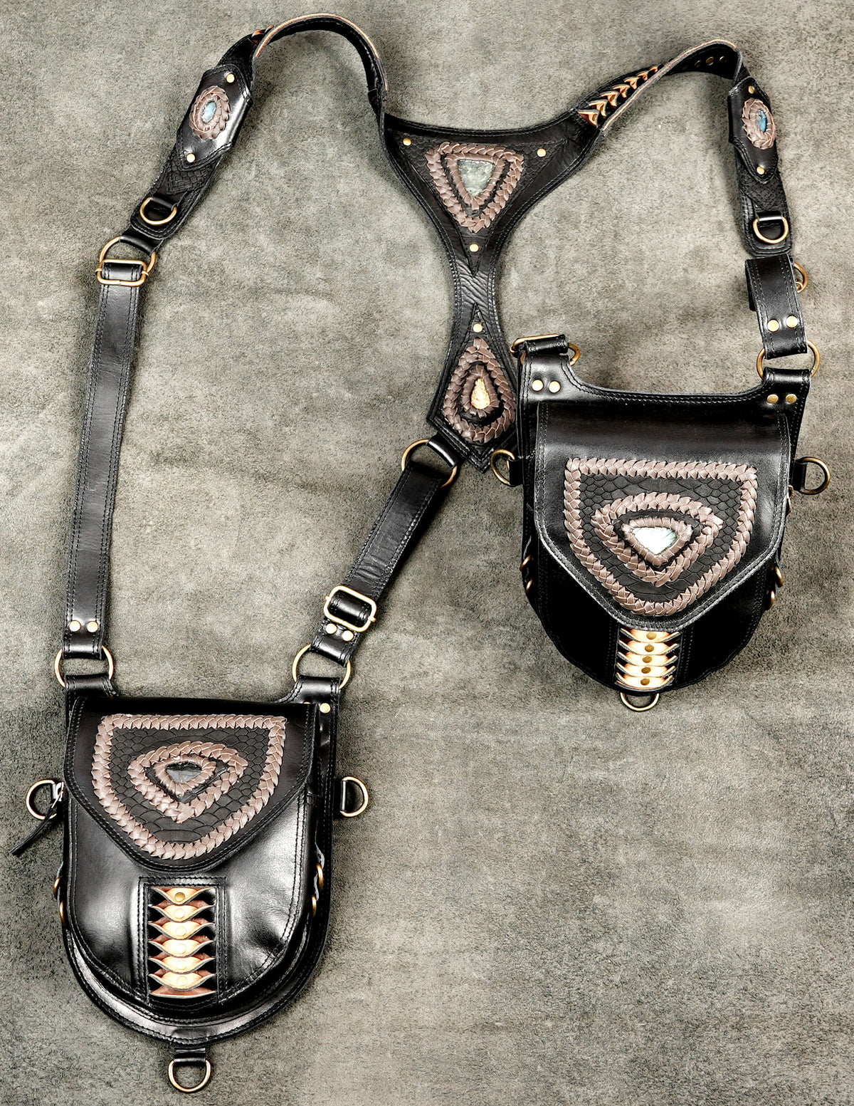 Handmade Black Leather Utility Holster with Dual Pouches for Festival Wear
