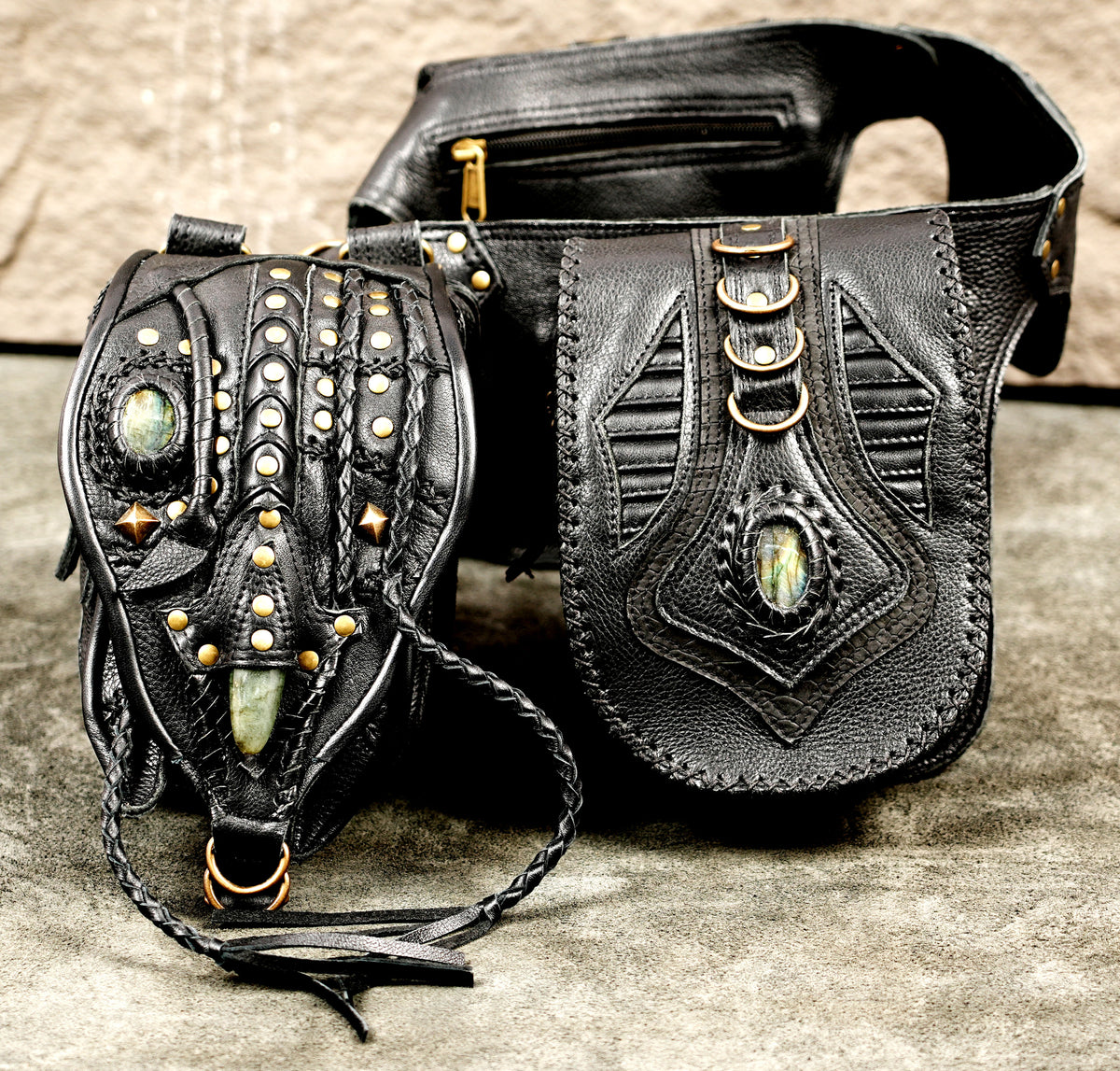 Unisex leather festival belt with multiple pockets and decorative metal studs