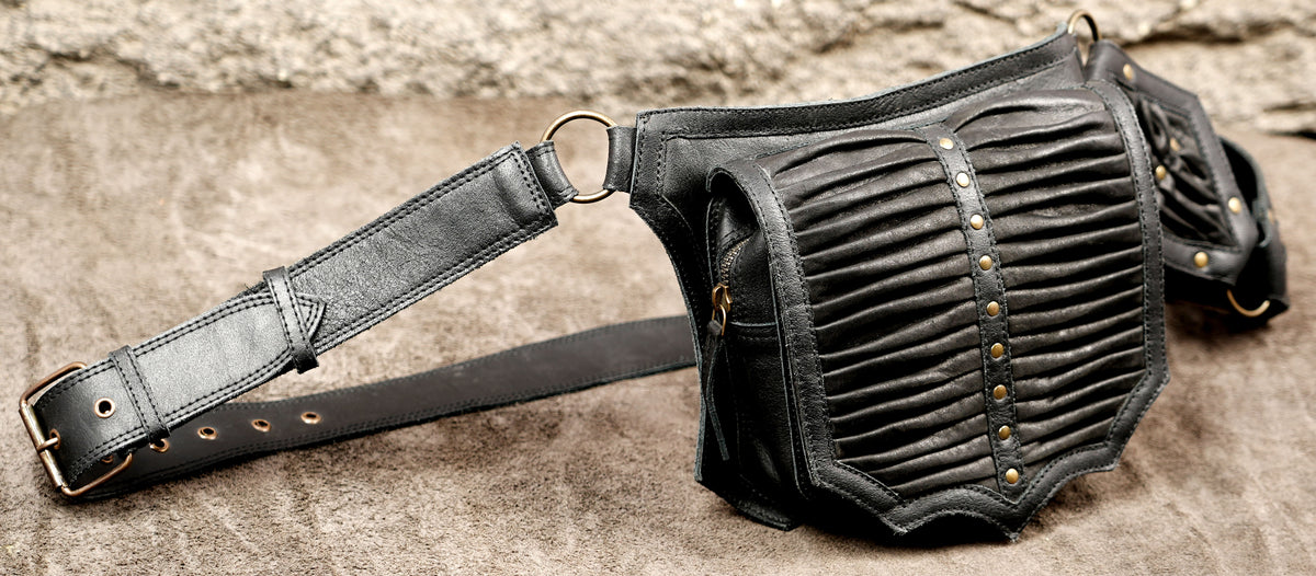 Gothic leather waist bag with scalloped edge and studded center strip