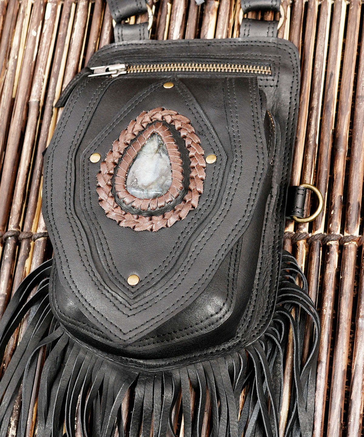 Black Leather Holster Vest Fringe Harness Bag Dual Utility Pouches Festival Body Suspender Natural Labradorite Stones