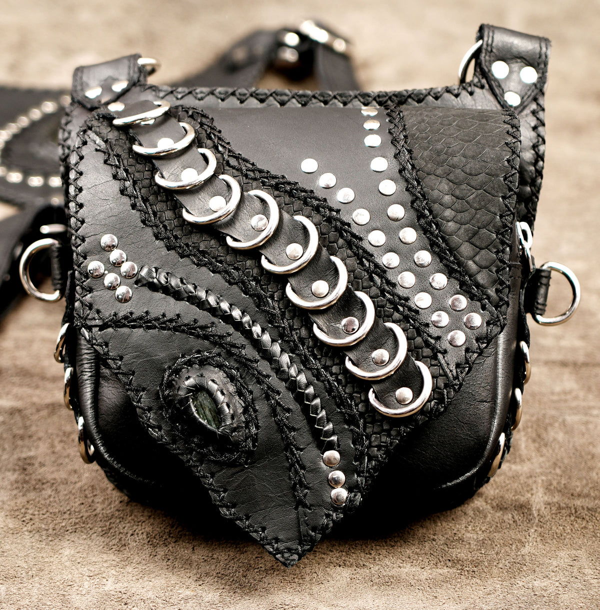 Studded leather chest harness with side pouches