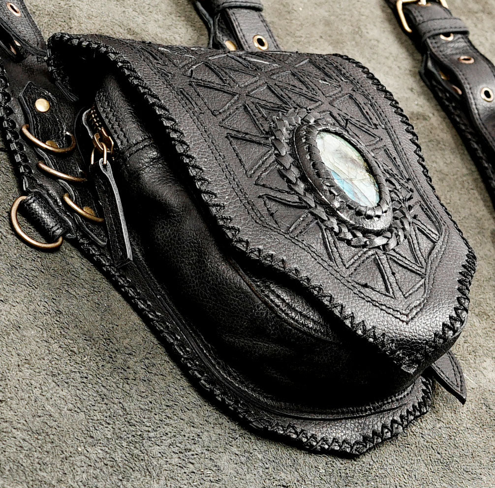 Studded leather utility holster with six gemstones, full view