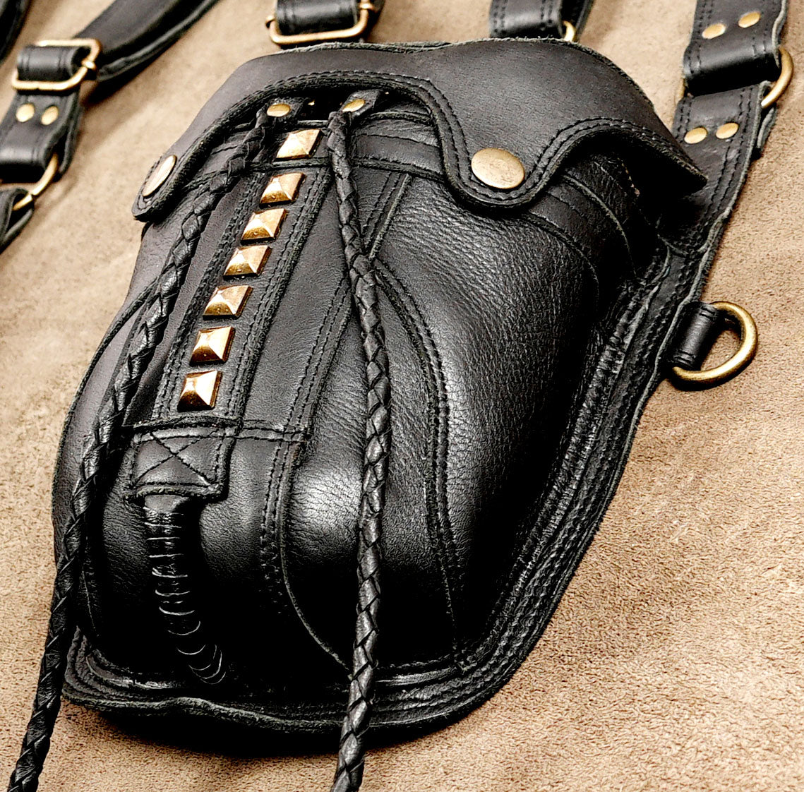 Studded leather utility holster with two pouches, full view