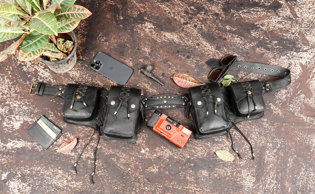 Boho festival black leather waist belt with four utility pouches