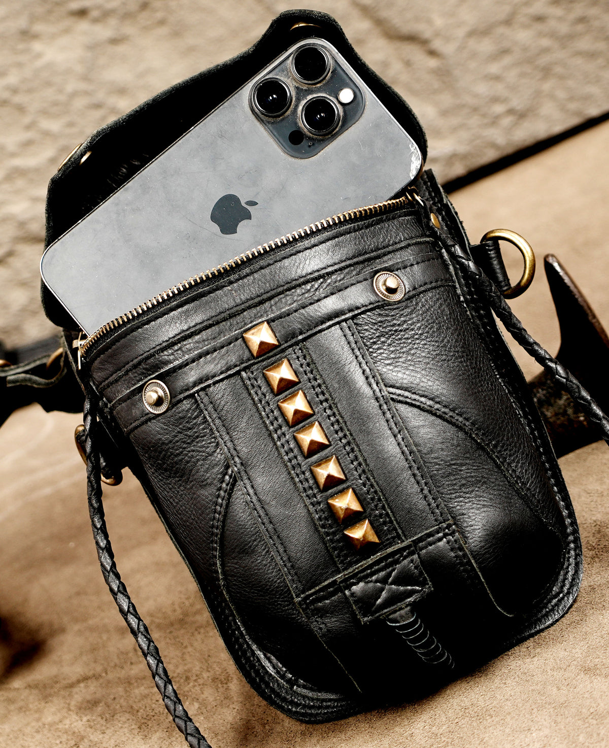 Tactical leather holster with labradorite stone and pouches