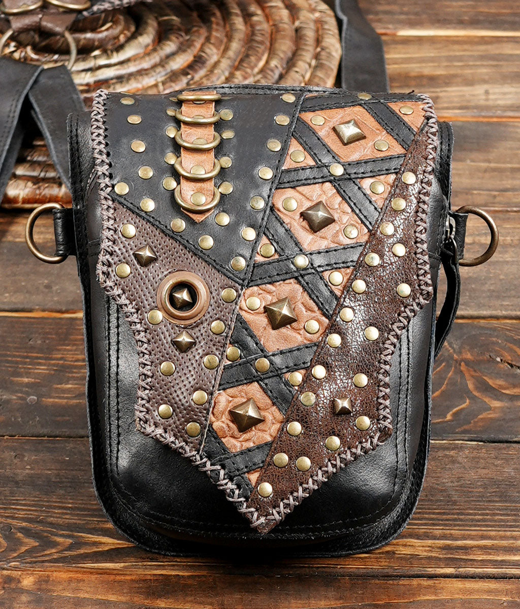 Unisex Black Double Pouch Harness Bag with Antique Brass Studs