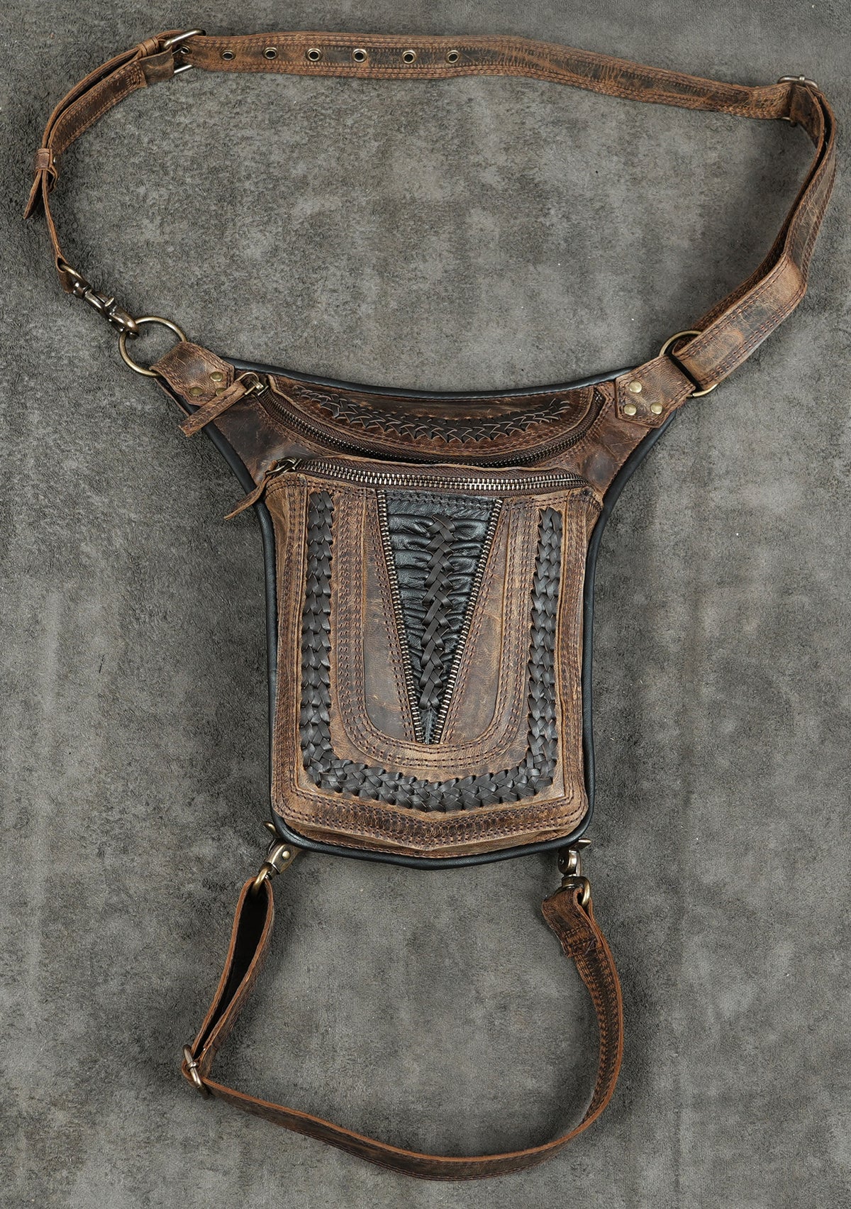 Tooled leather drop leg bag with adjustable thigh strap