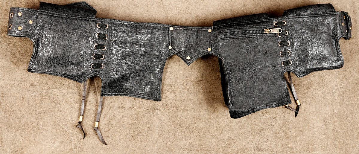Tribal leather belt with corset lacing and multiple pouches