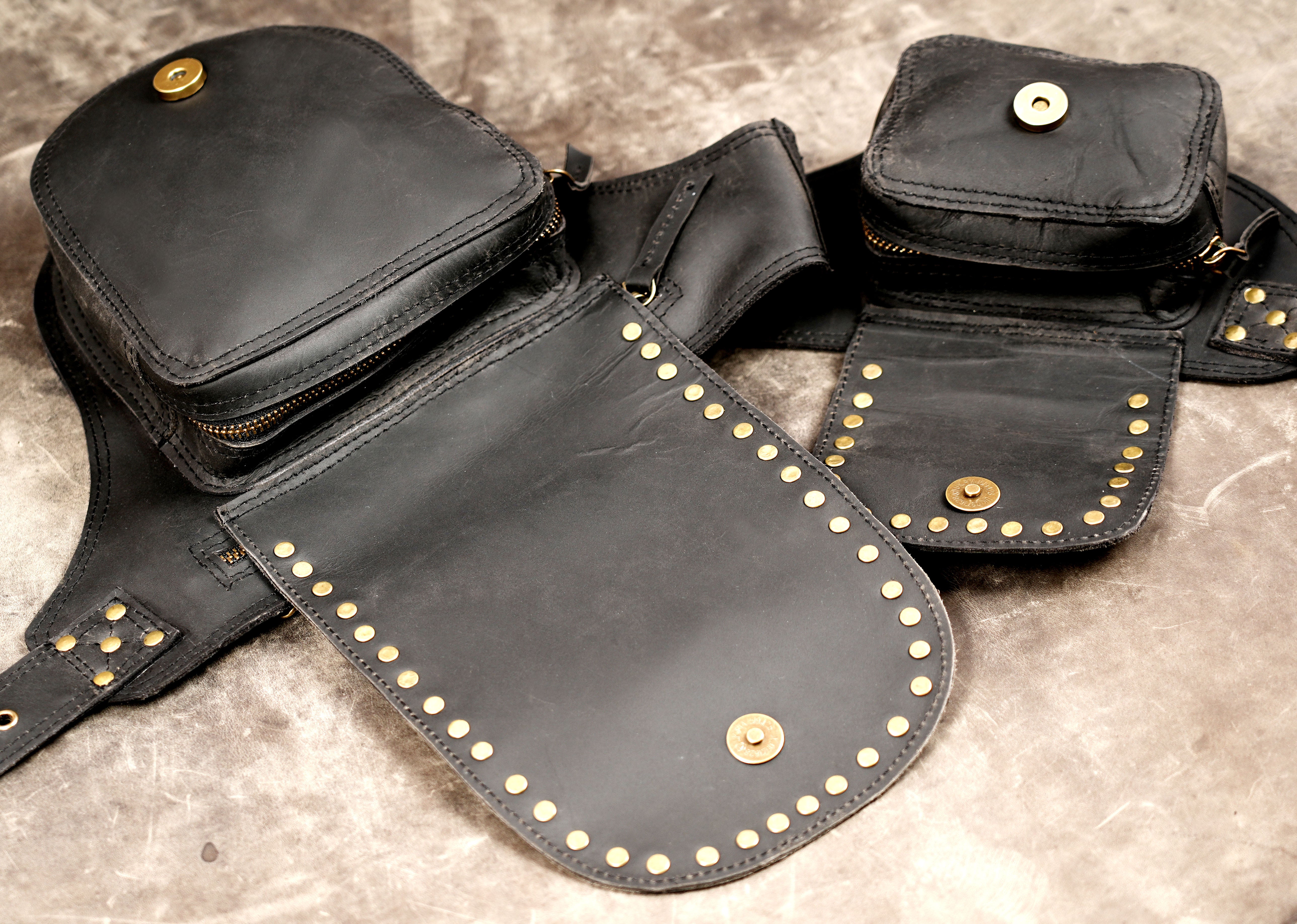 Tribal leather belt with two pockets and brass hardware