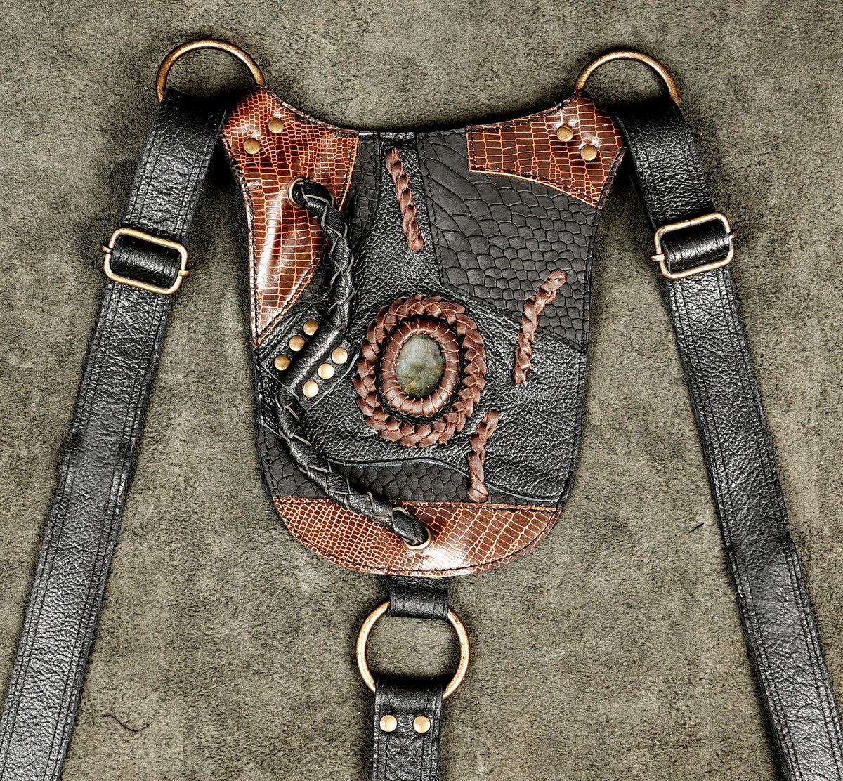 Tribal leather harness system, symmetrical front view