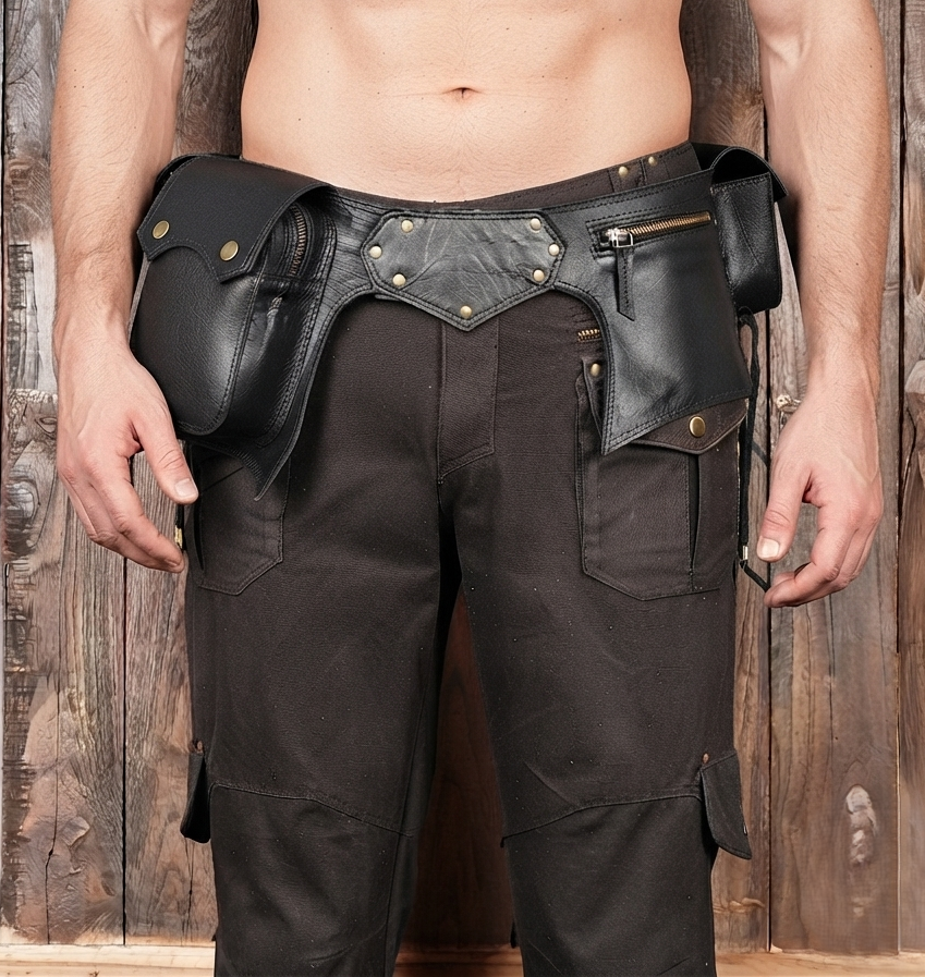 Tribal leather utility belt with fringe ties and brass studs