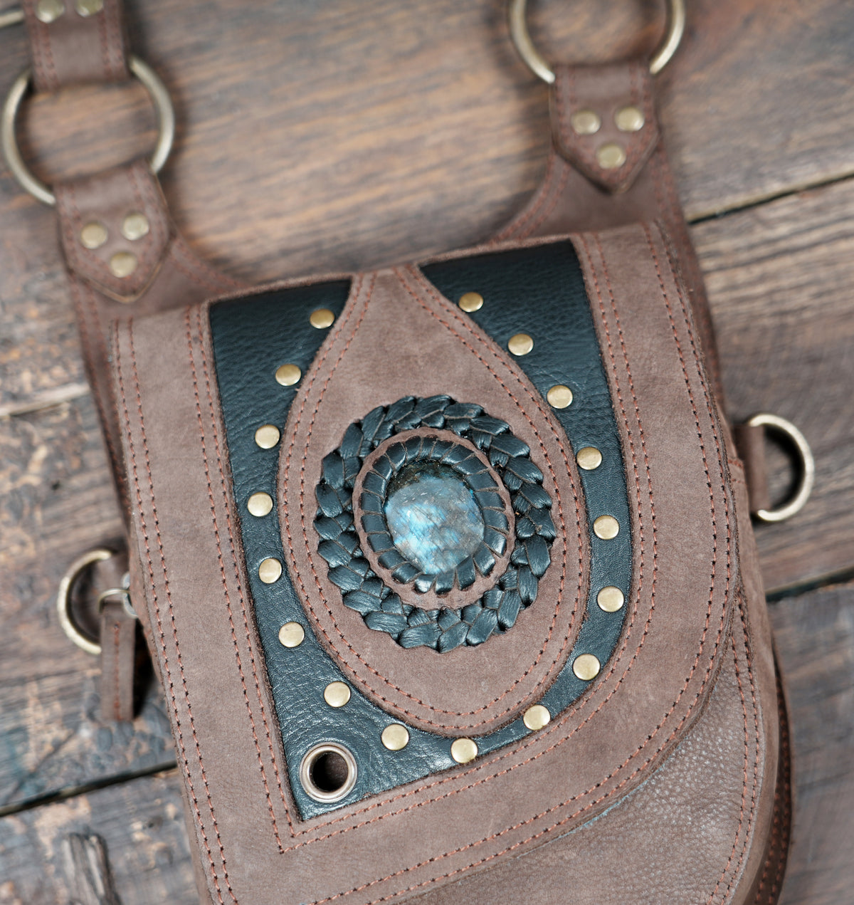 Gothic leather chest rig with two front utility pouches