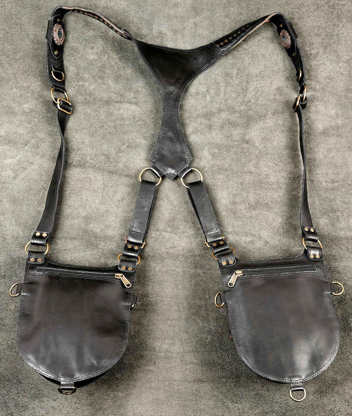 Burning Man Leather Shoulder Holster with Decorative Braided Flaps and Stone Accents